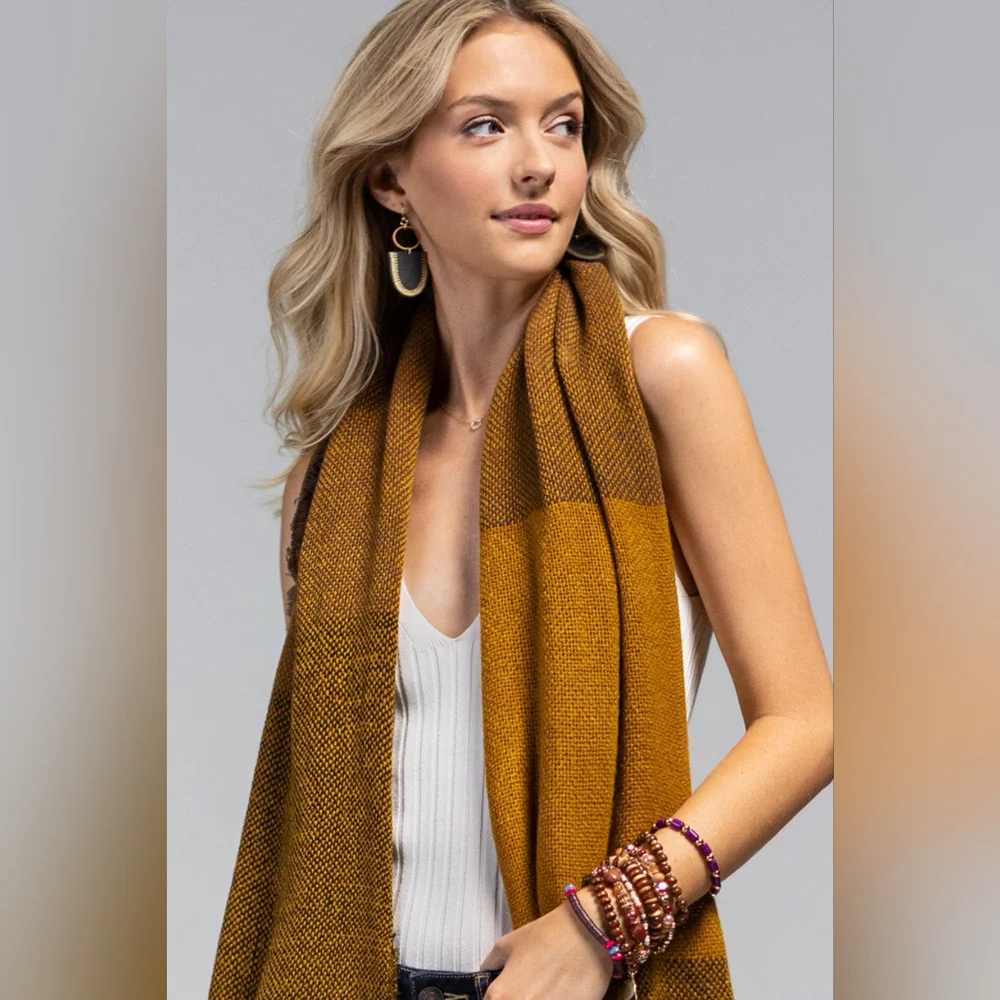 Textured Scarf w/ Multiple Tones & Frayed Edge in Mustard / Brown - Picture 3 of 5